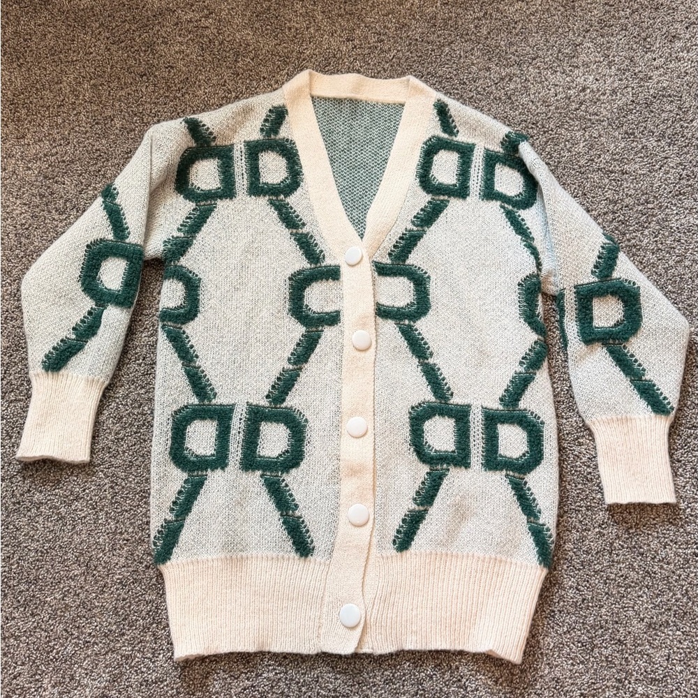Stylish Cream and Green Oversized Cardigan Sweater